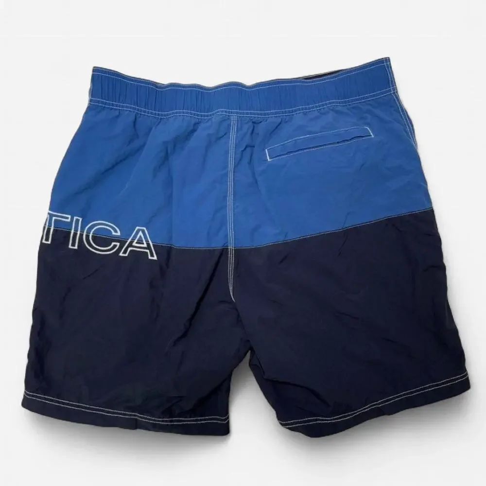 Nautica Men’s Large Blue Navy Colorblock Board Shorts Swim Trunks Logo